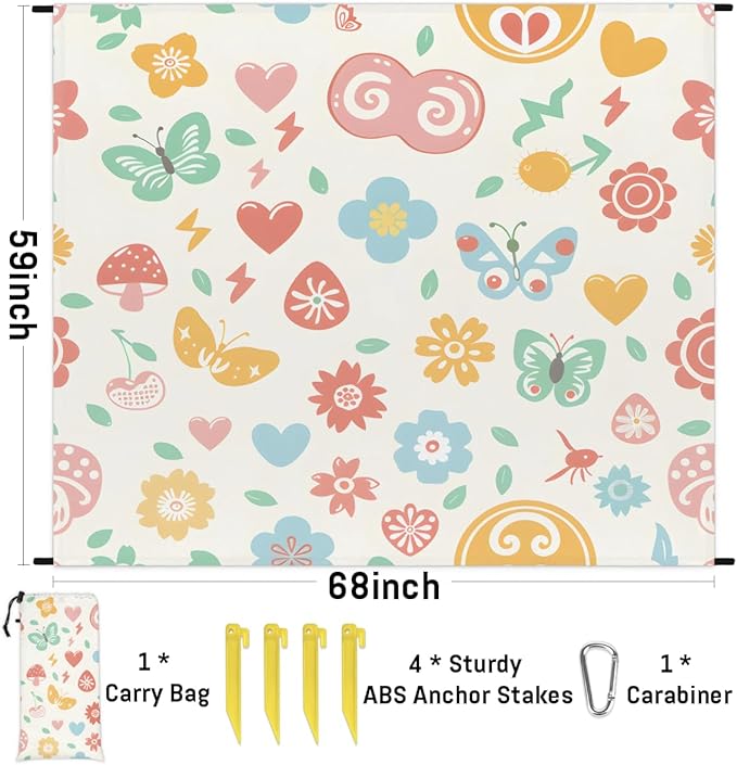 Waterproof Sandproof Beach Blanket 59''×68'' Animals Butterflies Polyester Outdoor Picnic Blanket with 4 Stakes &amp Storage Bag for BeachCampingVacation White Background