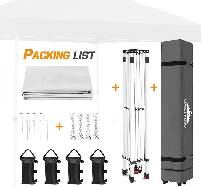 EAGLE PEAK Pop Up Canopy Tent with Wheeled Carry Bag 8 Stakes 4 Ropes 4 Weight Bags Easy Set Up Tent Canopy 10x10 ft 100sqft of Shade White