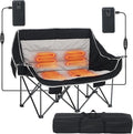 CDEN Heated Camping Chair with Battery Padded Chair Oversized Camping Loveseat Double Camping Chairs with Cup Holder Cooler Bag Wine Holder Dual Power Banks Included(Black &amp Gray)