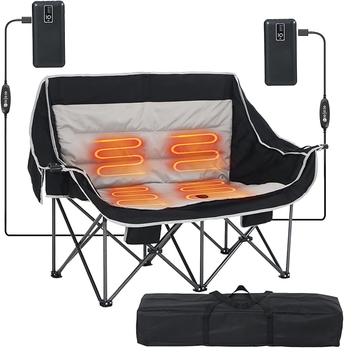 CDEN Heated Camping Chair with Battery Padded Chair Oversized Camping Loveseat Double Camping Chairs with Cup Holder Cooler Bag Wine Holder Dual Power Banks Included(Black &amp Gray)
