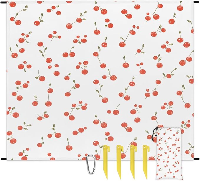 Waterproof Sandproof Beach Blanket 59''×68'' Decorative Cherry Pattern Polyester Outdoor Picnic Blanket with 4 Stakes &amp Storage Bag for BeachCampingVacation