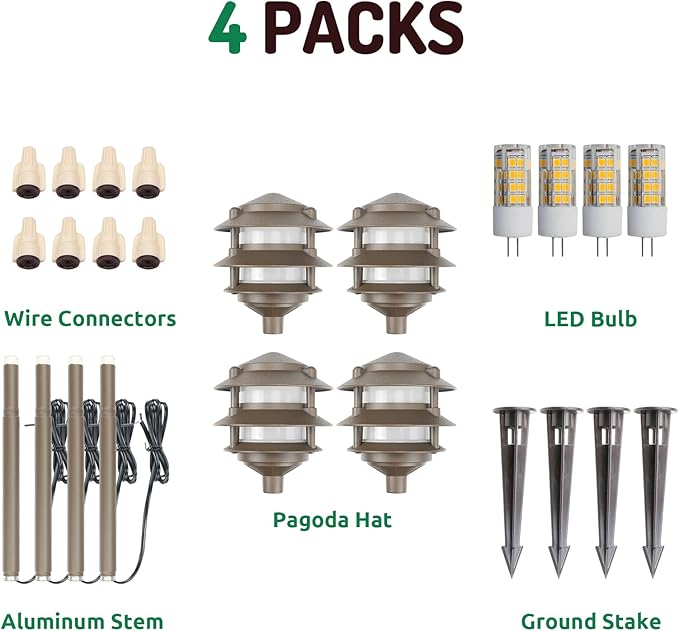 Lumina Lighting® Low Voltage Landscape Lighting Cast-Aluminum Pagoda Path and Area Light Warm White 4W G4 LED Bulb and ABS Ground Stake Included for Yard Walkway Lawn PAL0103-BZLED4 (Bronze 4-Pack)