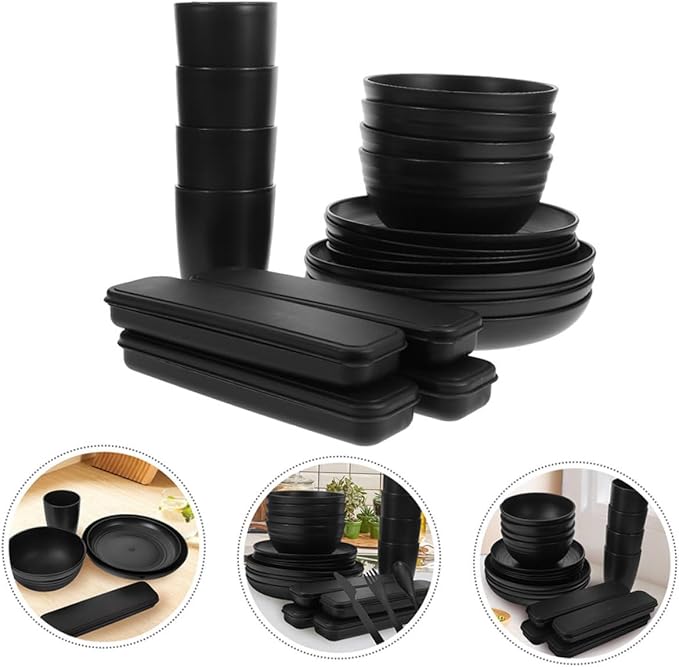 Alipis 4 Sets Box Cutlery Set Camping Dishes Utensils Noodle Bowl with Tableware Reusable Utensils with Case Portable Tableware Bento Bowl Food Bowl Party Dinnerware Bowl Plate Dinnerware Black