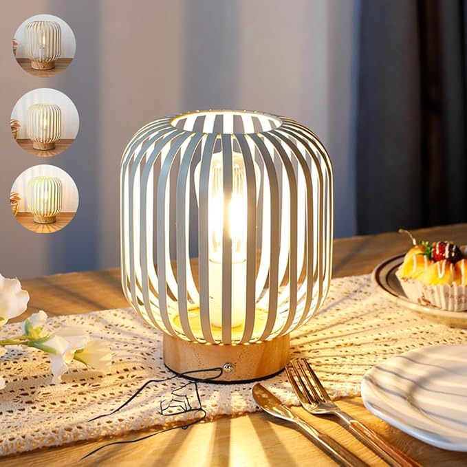 JHY DESIGN Touch Bedside Table Lamp Metal Cage LED Lantern Rechargeable Battery Powered Lamp with LED Bulb Cordless Accent Lamp for Weddings Parties Patio Events for Indoors Outdoors(Cylinder)