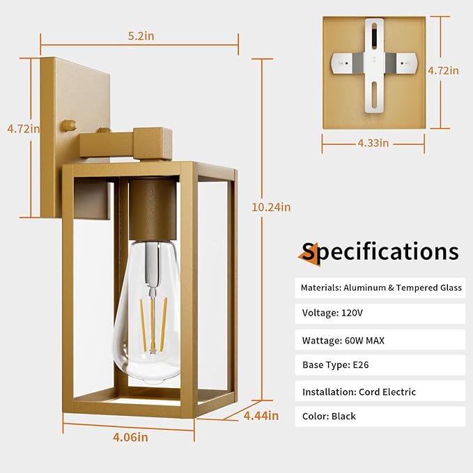 Outdoor Light Fixtures Wall Mount Waterproof Front Porch Lights Modern Exterior Lighting Fixtures with E26 Socket Gold Wall Sconces Lantern Lamp Outside Lights for House Garage Patio (2 Pack）