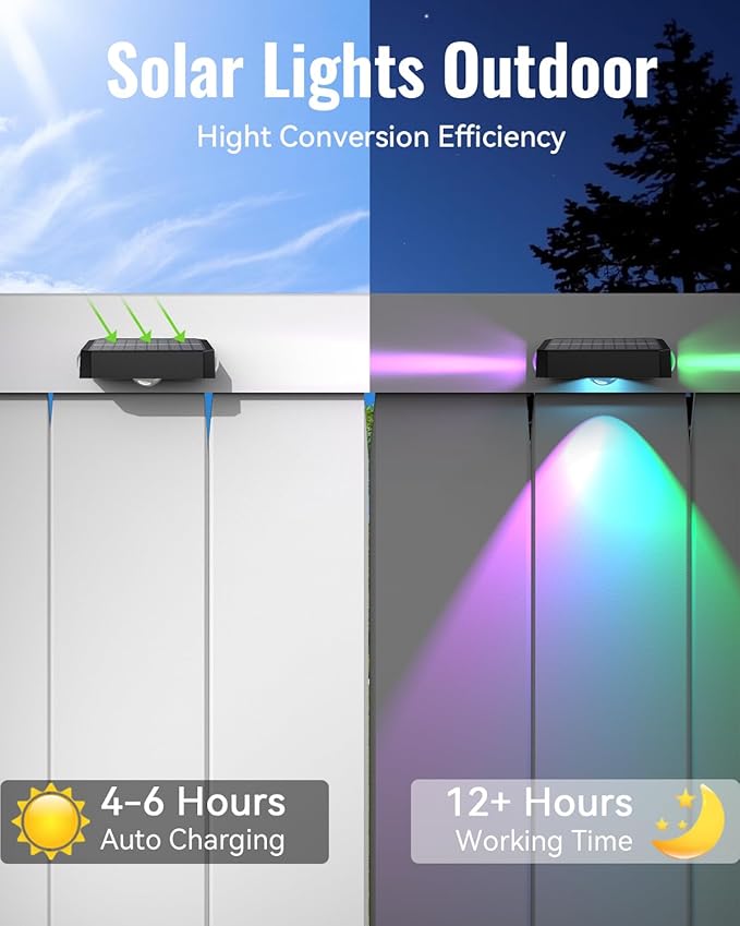 Solar Fence Lights Outdoor 8 Pack 12 Mode RGB Color Changing &amp Warm/Cool White Waterproof IP65 3-LED Dusk to Dawn Fence Lights Solar Powered for Wall Railing Patio Step Backyard Outside