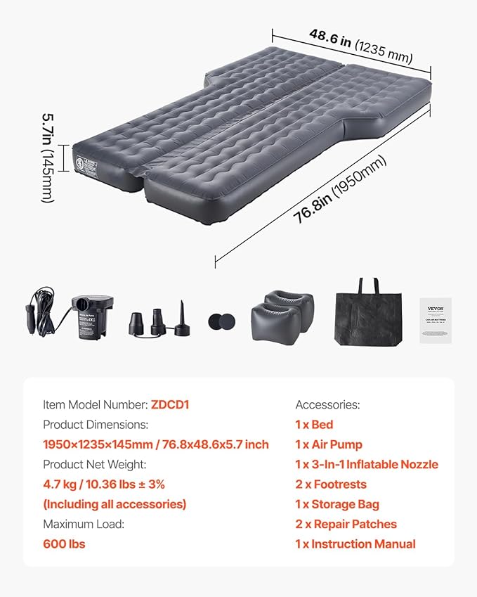 VEVOR Car Air Mattress Inflatable Car Camping Mattress Oxford Thickened Travel Beds Comfortable and Durable Portable Sleeping Pad with Air Pump Nozzle Carry Bag Fits Most SUV MPV Sedan Gray
