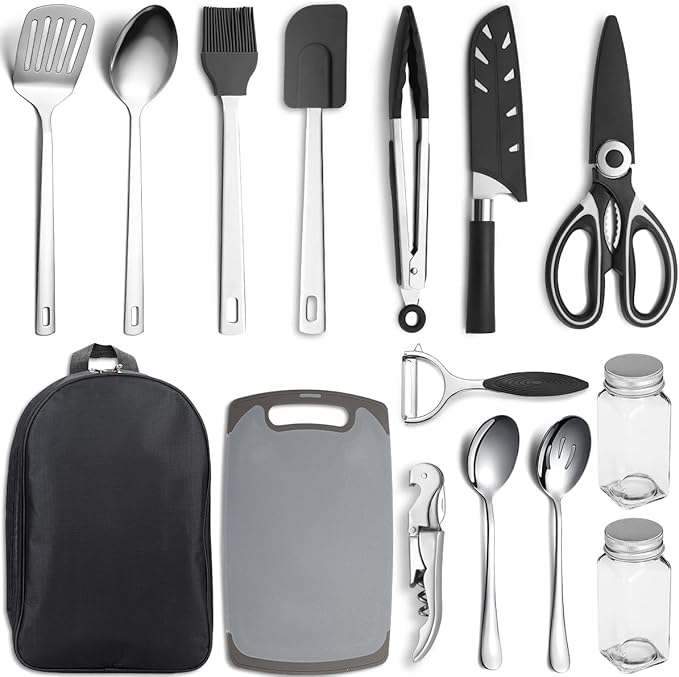 Kyraton Camping Cooking Set 15 Pack Camping Cookware Camping Supplies Portable Camping Kitchen Utensil Set Ldeal for Backpacking Barbecuing Camping and Hiking Trips.