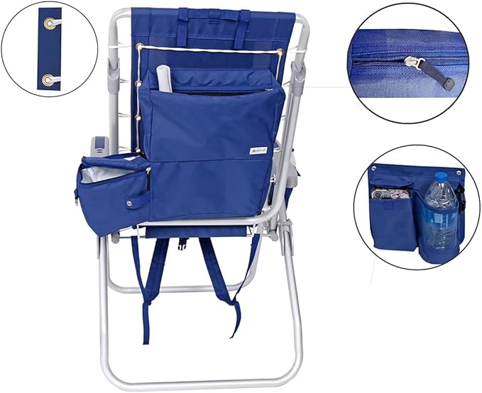 Ultimate Heavy Duty High Seat Aluminum Folding Backpack Beach Chair for Adults | Lay Flat 5 Reclining Positions | Removable Insulated Cooler Pouch | 300 lbs Weight Capacity