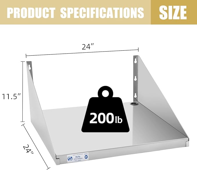 Hally Stainless Steel Microwave Shelf 24x24 200 lb NSF Commercial Heavy Duty Metal Appliance Wall Mount Floating Shelving for Restaurant Kitchen Bar Home and Hotel