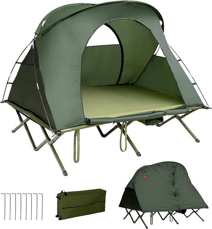 Tangkula 2-Person Tent Cot 4-in-1 Folding Tent with Waterproof Rainfly Self-Inflating Mattress &amp Roller Carrying Bag Portable Off Ground Elevated Tent with Shoe Storage Pocket &amp Lamp Hook
