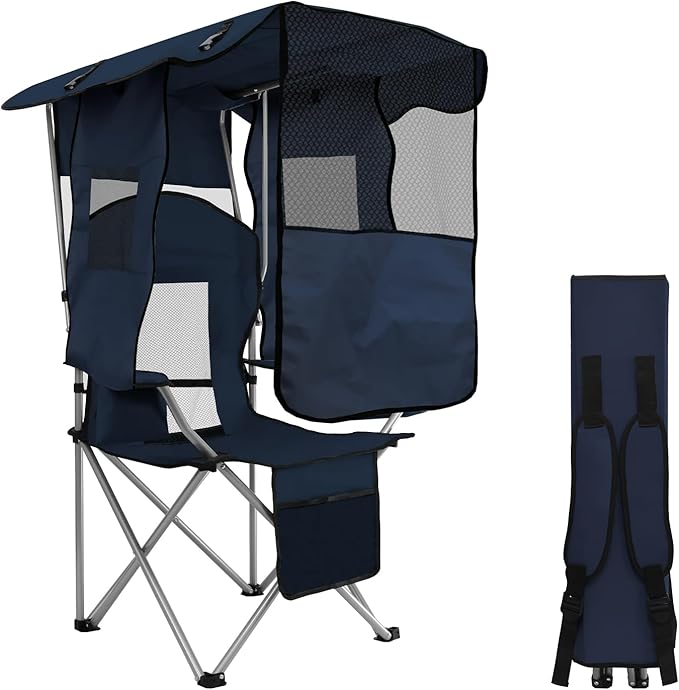 Beach Chair with Canopy Shade Folding Camping Chair Support to 330LBS Outdoor Chair with Cup Holder &amp Cooler Bag for Travel Hiking