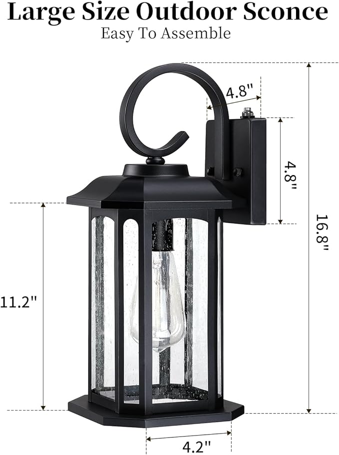 16.8'' Large Dusk to Dawn Outdoor Wall Lights Black Exterior Lighting Fixtures Wall Sconce with Seeded Glass Waterproof Front Porch Light Outside Wall Lantern for House Patio Garage 1Pack