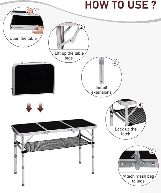 Outvita Folding Table 3FT Aluminum Camping Table with Storage Adjustable Height Picnic Table Lightweight for Carring Outdoor Party Events Beach
