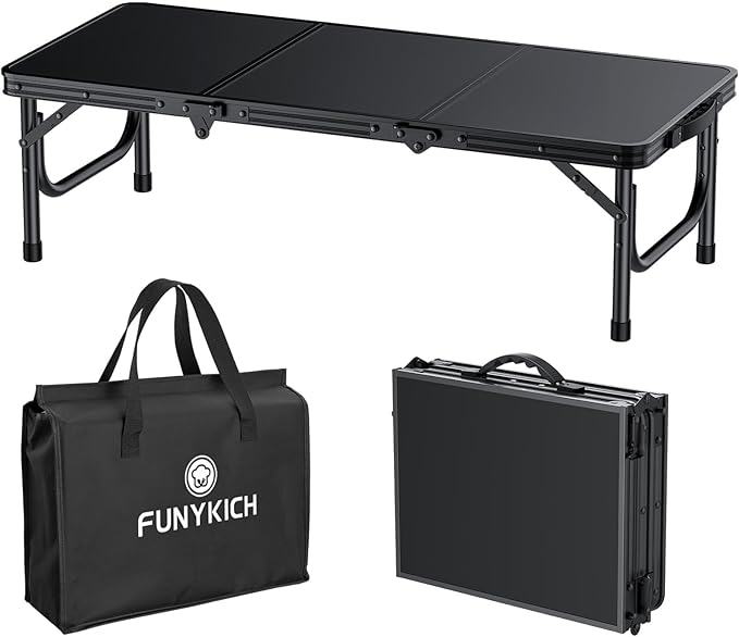 FUNYKICH 3ft Low Folding Camping Table with Carry Bag 34.2'' Lx15.7'' W Portable Picnic Tables Lightweight Thicker Aluminum Beach Table with Carry Handle for Beach Camping Picnic Black