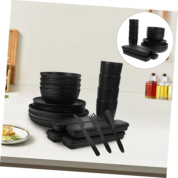 4sets Black Camping Dishes Utensil Picnic Lunch Box Fork Spoon Knife Bowl Cup Reusable Easy Clean Fine Dining