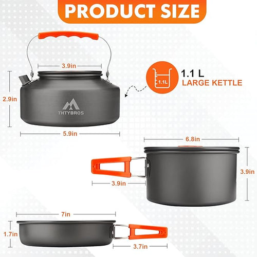 17pcs Camping Cookware Kit 0.45Gal Pot 7inches Pan0.30Gal Kettle Set with 2 Set Stainless Steel Cups Plates Forks Knives Spoons for Hiking