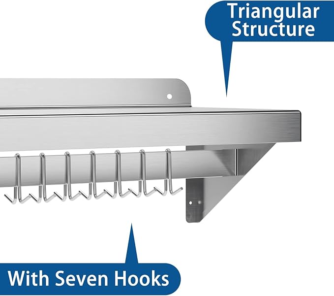 Stainless Steel Shelf Wall Mounted NSF Commercial Wall Shelf Floating Shelving for Kitchen Restaurant Home Hotel 60 x 12 Inches Flat Surface with 7 Hooks