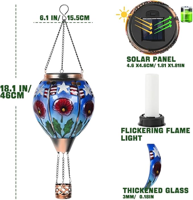Hot Air Balloon Solar Lantern - Poppy Flower Patriotic Glass Lantern Simulated Flickering Dancing Flame Outdoor Hanging Yard Light Waterproof IP65 Ideal 4th of July Gift for Patriot Patio Decor