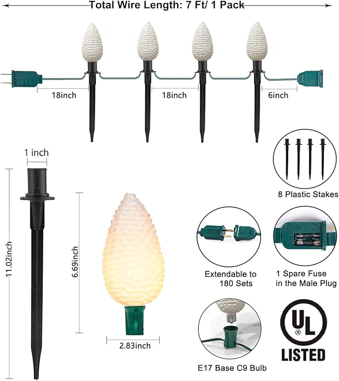 Abeja C9 Christmas Pathway String Lights 14Ft LED Pinecone Pathway Stakes with 8 Pine Cone Lights Christmas Lights Outdoor Yard Decorations for Walkway &amp Driveway Use-2 Sets