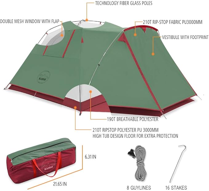KAZOO 2／4 Person Camping Tent Outdoor Waterproof Family Large Tents 2/4 People Easy Setup Tent with Porch Double Layer | Outdoor Waterproof Family Large Tents Easy Setup