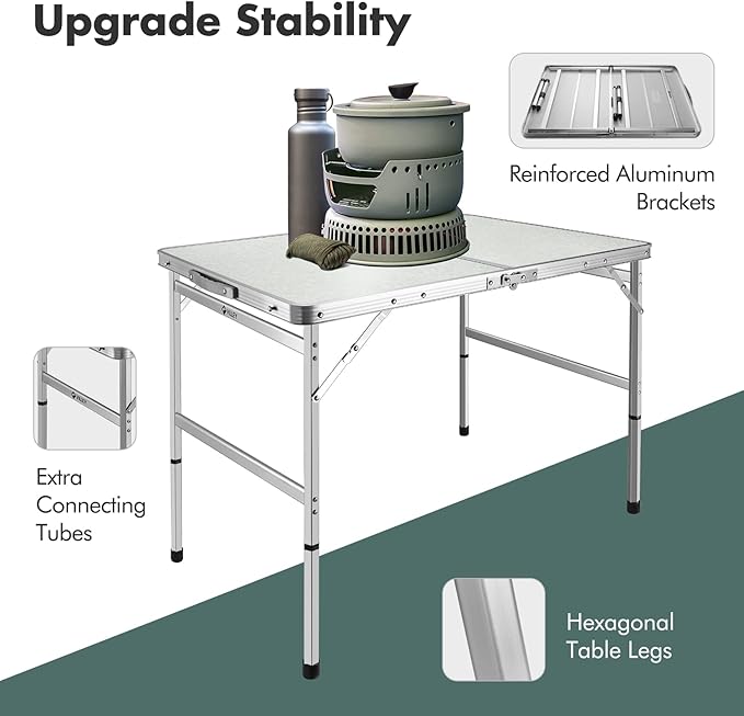 VILLEY Folding Camping Table 3ft Small Portable Lightweight Outdoor Table with Aluminum Adjustable Legs for Travel Picnic Cooking Beach