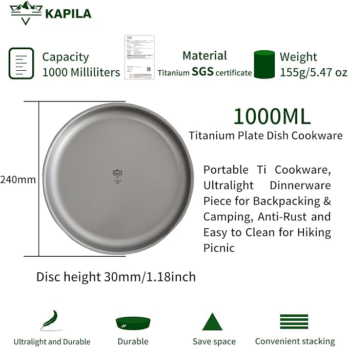KAPILA Titanium Camping Plate Dish Portable Ti Cookware Ultralight Dinnerware Piece for Backpacking &amp Camping Anti-Rust and Easy to Clean for Hiking Picnic (1000ml)