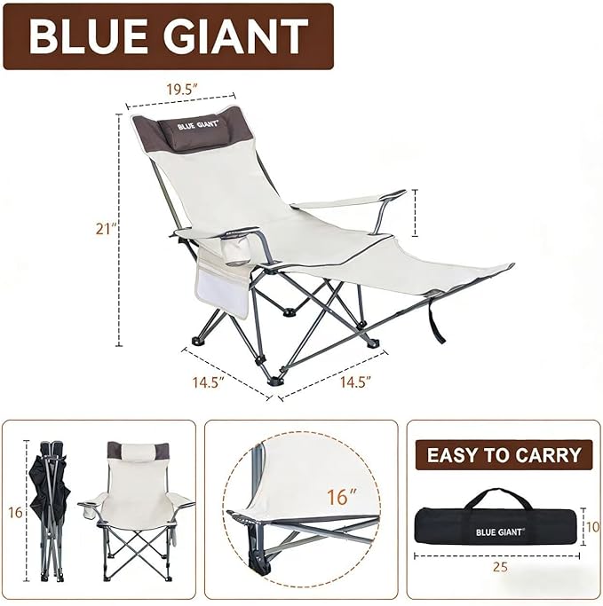 2 Pack Adjustable Folding Camping Chairs with Detachable Footrest and Headrest Lightweight and Portable Ideal for Hiking Travel Fishing and Outdoor Activities (Beige)