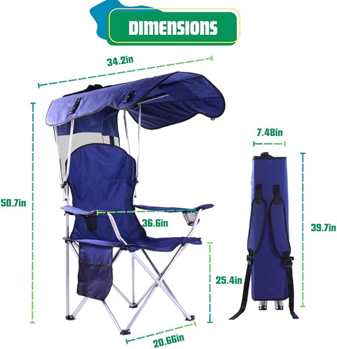 EZONE Folding Canopy Camp Chair for Outdoors Shade Canopy Portable Chair Camping Tailgates Beach Pool Lawn Chair Sunshade Travel Chair Folding Camping Chair (Upgraded - Navy)