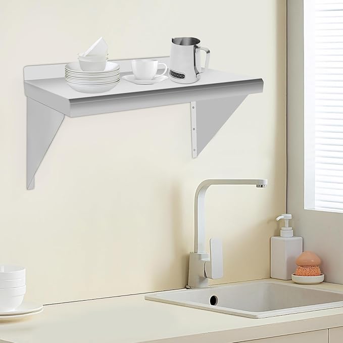 Stainless Steel Shelf 24'' x 12'' 110lbs Wall-Mounted Commercial Shelves with Triangular Brackets Metal Shelf for Home Restaurant Cafeteria