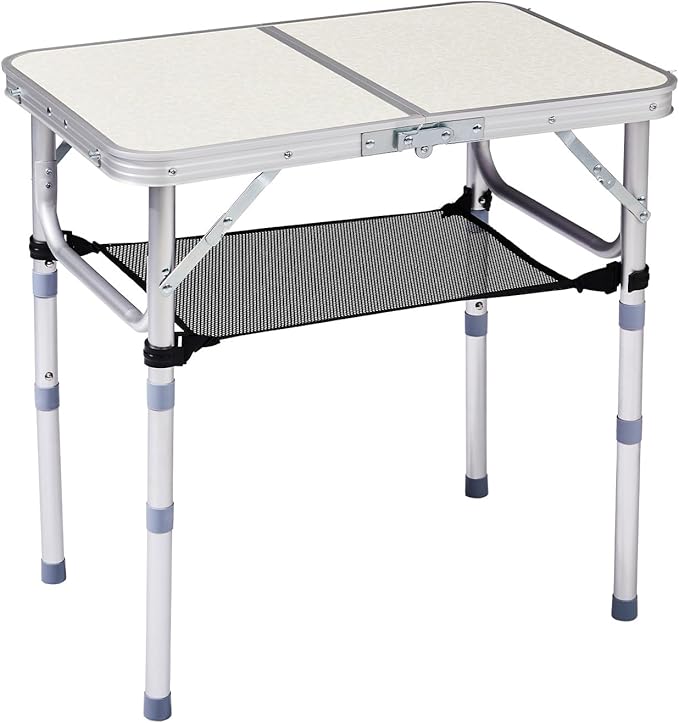 Portable Aluminum Folding Camping Table3-Height Adjustable Lightweight Outdoor Table with Mesh Storage Carry Handle for Picnic BBQ Beach Hiking (White 2ft)