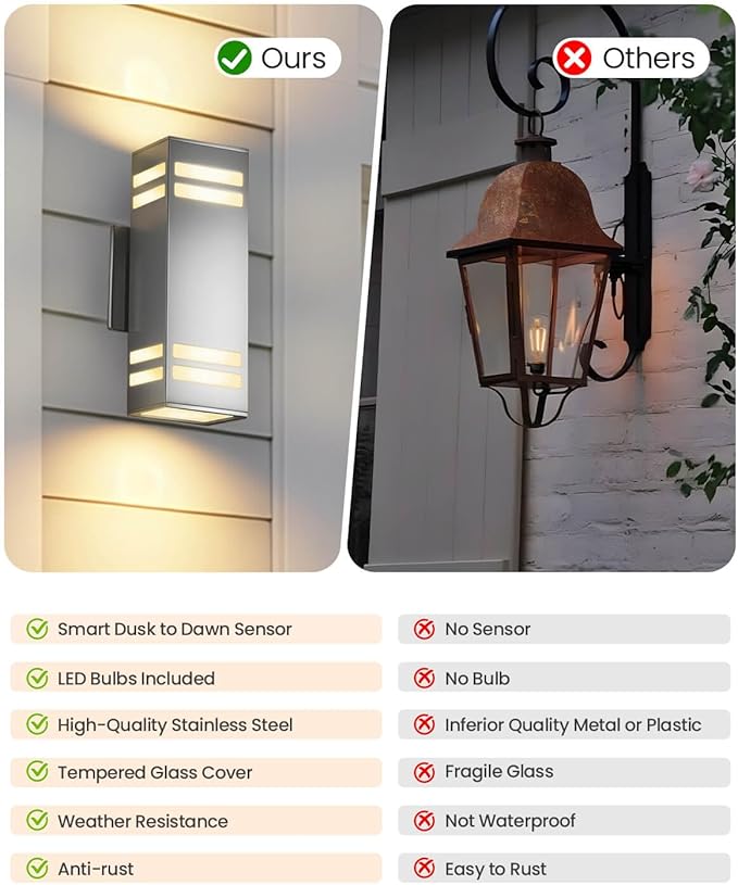SHIMR Dusk to Dawn Outdoor Lighting 2 Pack Up and Down Lights Stainless Steel Exterior Light Fixture with Photocell Sensor Waterproof Modern Outside Lights for House Garage Porch LED Bulbs Included