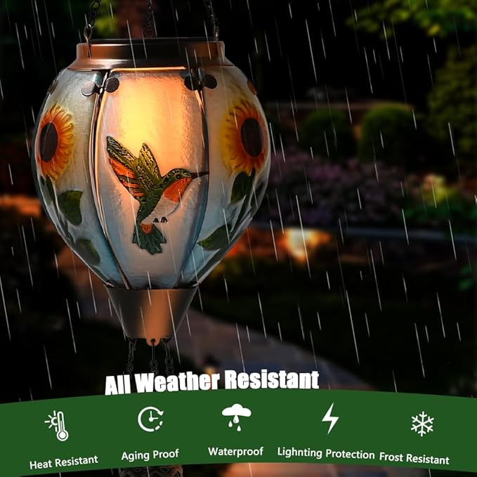 Hot Air Balloon Solar Lantern - Large Hummingbird Glass Lantern Simulated Flickering &amp Dancing Flame Outdoor Hanging Sunflower Yard Light Waterproof IP65 for Patio Lawn Porch Decor Gift