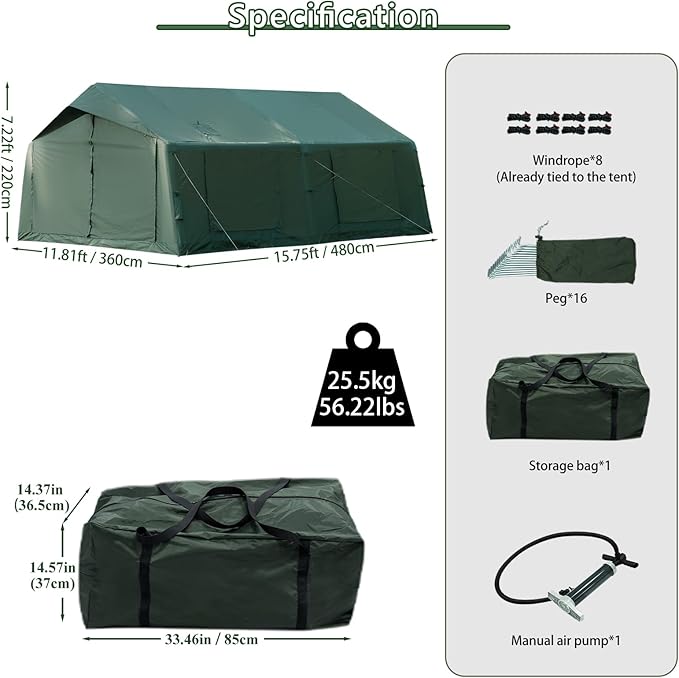 Inflatable Camping Tent with Hand Pump Waterproof Outdoor Blow up Tent 2-8 Person Oxford 4 Season Glamping Air Tent Cabin House with Mesh Windows &amp Door