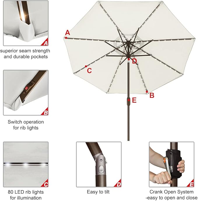 EliteShade USA 10-Year-Non-Fading Solar 9ft Market Umbrella with 80 LED Lights Patio Umbrellas Outdoor Table Umbrella with Ventilation Natural
