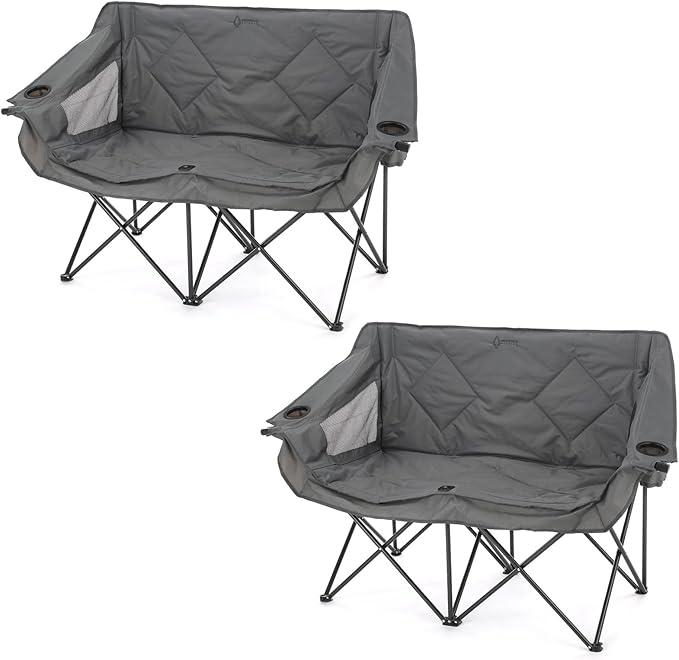 ARROWHEAD OUTDOOR 2-Pack Portable Folding Camp Loveseat Chair w/Glass &amp Cup Holders Heavy Duty Carry Bag 650 lbs Weight Capacity