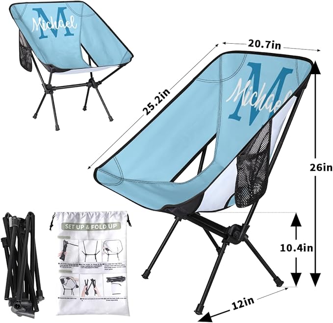Custom Light Blue Portable Camping Chair Personalized Backpacking Chair with Name Lightweight Foldable Chairs for Hiking Beach