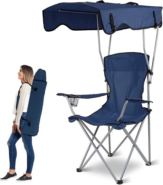 Moclever Folding Canopy Camp Chair – Heavy Duty Sun Protection Beach Chair with Cup Holder Portable Lawn Chair for Outdoor Camping Park Patio (Navy Blue)