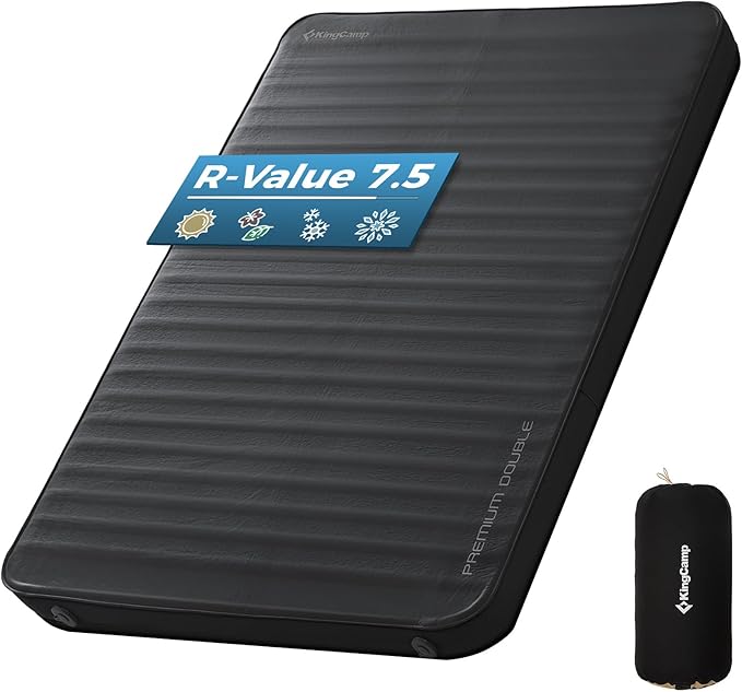 KingCamp Premium Double Self Inflating Sleeping Pad 7.5 R-Value Air &amp Foam Camping Mattress 2 Person 3 Thick Double Size Insulated Sleeping Pad with Pump Sack for Car Camp Tent PVC Free Black