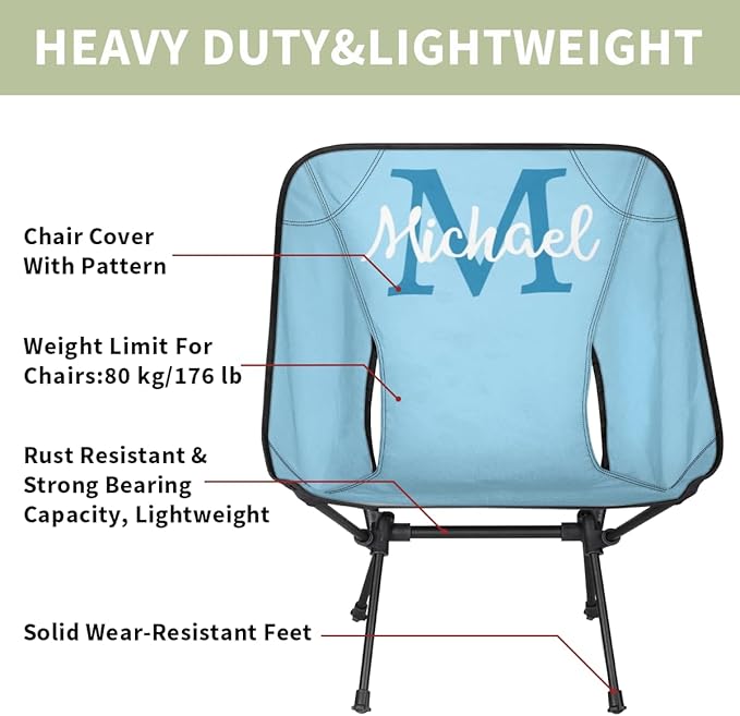 Custom Light Blue Portable Camping Chair Personalized Backpacking Chair with Name Lightweight Foldable Chairs for Hiking Beach