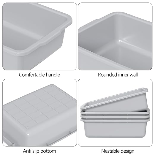 4 Packs 24 L Commercial Bus Tubs Plastic Bus Bins Restaurant Kitchen Dish Tub Grey