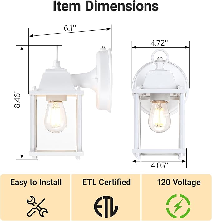 LIT-PaTH Dusk to Dawn Outdoor Wall Lantern Wall Sconce Waterproof Porch Lighting Fixture E26 Base Aluminum Housing with Glass Shade 1-Pack White