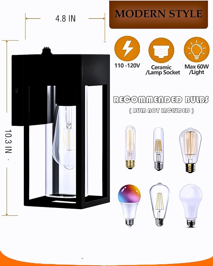 2-Pack Outdoor Wall Light Fixtures Waterproof Exterior Wall Lanterns Porch Lights with E26 Sockets &amp Cylinder Glass Shades Modern Matte Black Wall Sconce for Porch Patio Garage