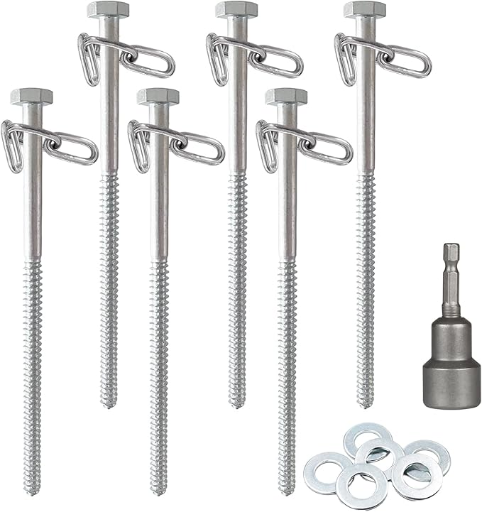 6pcs 3/8 x 12 inch Heavy Duty Camping Ground Anchors Non-Rust Tent Stakes Screw in Kit for Securing Animals Trampoline Carports Canopies Sheds Swing Sets Ground Anchors for High Winds