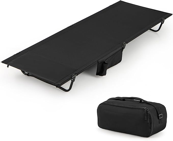 GYMAX Ultralight Camping Cot for Adults Portable Folding Camping Bed w/Side Pocket Carry Bag Compact Sleeping Cot for Outdoor Backpacking Travel Hiking Mountaineering Home Beach Supports 330 LBS