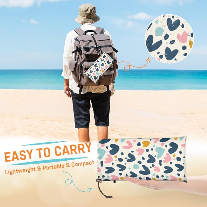 Waterproof Sandproof Beach Blanket 59''×68'' Funny Shape Heart Polyester Outdoor Picnic Blanket with 4 Stakes &amp Storage Bag for BeachCampingVacation