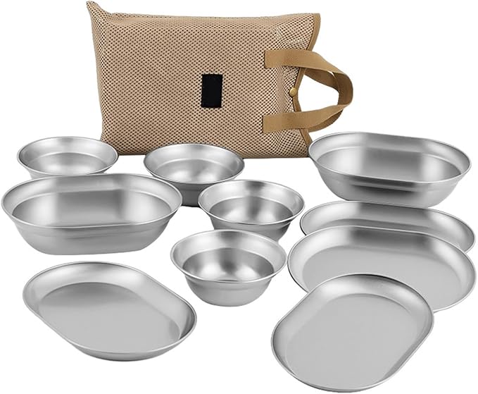 TablewareSet of 6/8/10 Outdoor Camping Dish Set Dinner Plate Stainlesss Steel Food Plates Practical Picnics Dishes