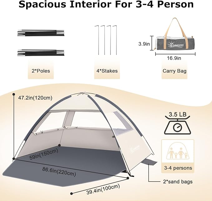 COMMOUDS Beach Tent Sun Shade for 3/4/6/8 Person UPF 50+ Beach Sun Shelter Canopy Tent Lightweight Easy Set Up and Carry
