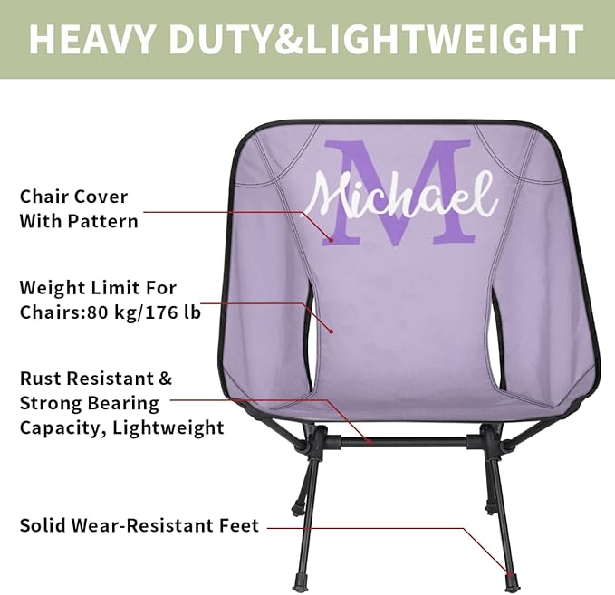 Custom Light Purple Portable Camping Chair Personalized Backpacking Chair with Name Lightweight Foldable Chairs for Hiking Beach