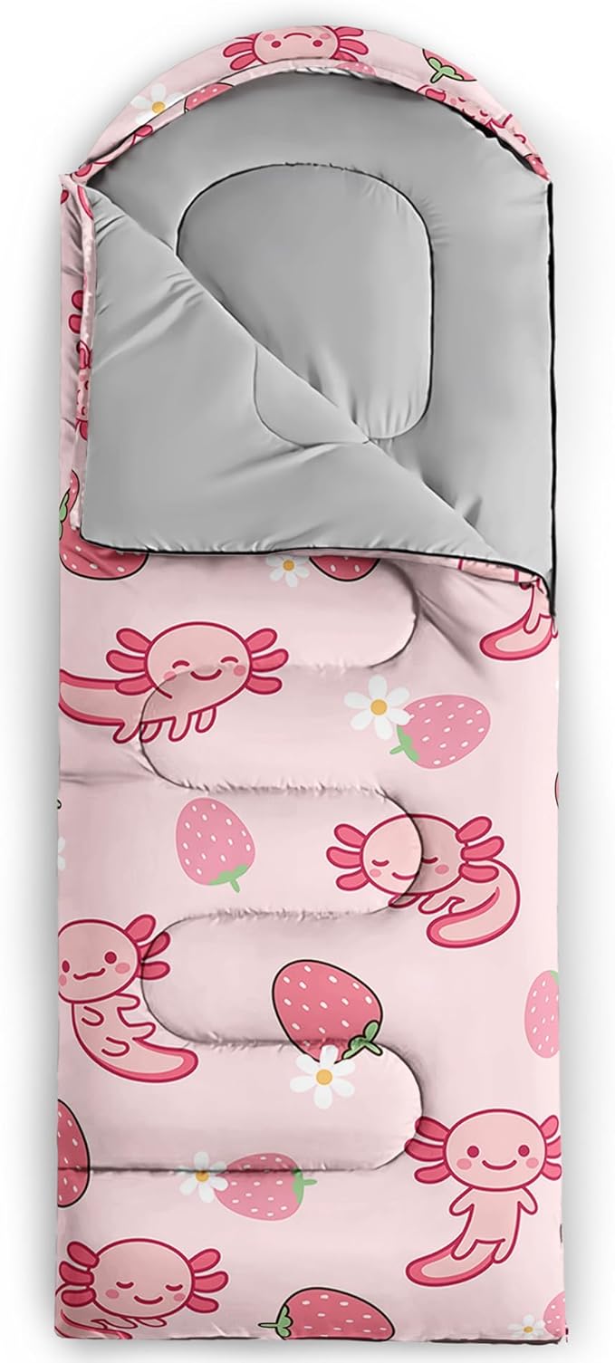 QOOMO Axolotl Cute Camping Sleeping Bags3 Season Warm &amp Cool WeatherLightweightWaterproof Sleeping Bags for Adults &amp KidsTravelingand Outdoors